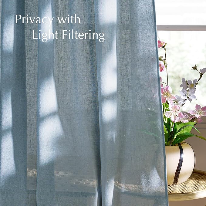 NICETOWN Linen Stone Blue Curtains 102 inches Long, Back Tab/Rod Pocket with Pleat Tape Privacy Added Light Filtering Window Treatments for Bedroom,Stone Blue, W52 x L102, 2 Panels