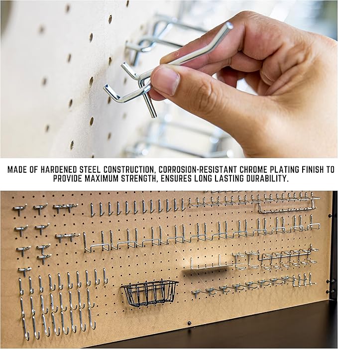 Hiltex 53108 100 Piece Metal Peg Board Hooks and Accessories Set, Pegboard Hooks Assortment, Bins & Hooks for Crafts, Organizer for Garage, Peg Board Tool Utility Hook, 1/4 Pegboard Hooks Accessories