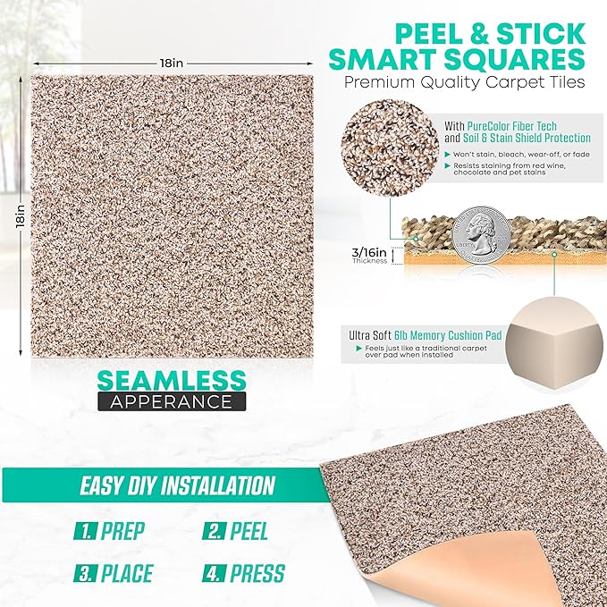 Feather Peel and Stick Carpet Tiles, Attached Cushion, Easy DIY Install, Soft Residential Carpet, American Made, Seamless Appearance, Plush (10 Tiles - 22.5 Square Feet) (Dovetail, 18x18)