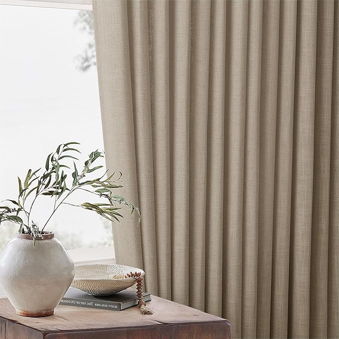 Greige 80 Inches Long Linen Curtains for Living Room Pinch Pleat Hooks for Living Room Back Tab Thick Linen Textured Pleated Drapes Light Filtering Tan Taupe Bedroom Window Curtains 80 Inch Length