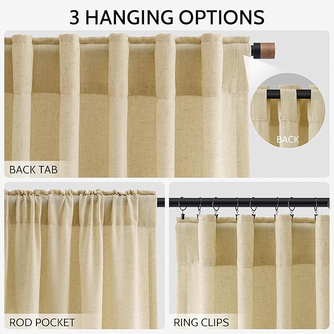 Nanspring Cream Yellow Curtains 72 Inches Long for Living Room Linen Blend Light Filtering Modern Farmhouse Semi Sheer Curtains Back Tab Privacy Neutral Curtain for Bedroom Office 52x72,2 Panels
