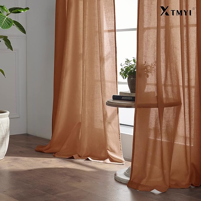 XTMYI Terracotta Country Curtains for Living Room,Sheer Linen Curtains for Bedroom 90 Inches Long,70 Inches Wide