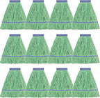 Matthew Cleaning Heavy Duty Mop Head Commercial Replacement for General and Floor Cleaning , Wet Industrial Blue Cotton Looped End String Head Refill (Pack of 12) Green