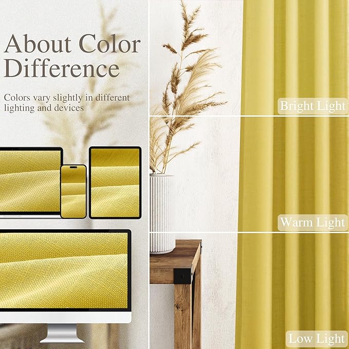 Celery Yellow Curtains 96 Inch Long 2 Panels Set Back Tab Rod Pocket Linen Blend Textured Semi Sheer Light Filtering Boho Decor Curtains Aesthetic Room Decor for Bedroom and Living Room 8Ft 52x96 Inch
