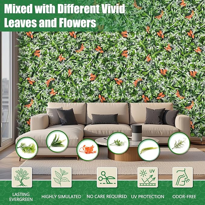 Greenery Wall Panels, 20"x20" 12PCS UV Protected Fake Grass Backdrop Privacy Fence Screen, Artificial Hedges for Outdoors Indoors Green Decor