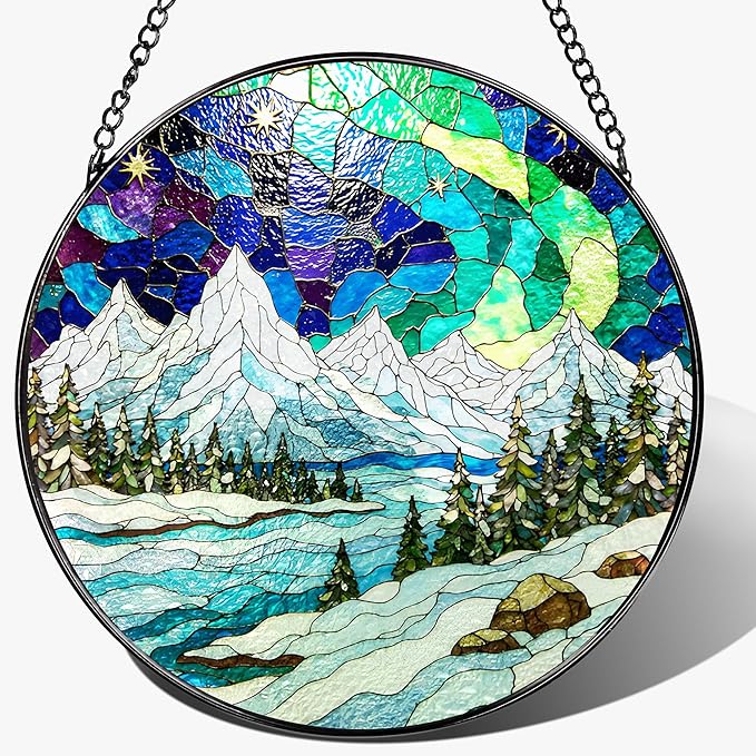 8-Inch Stained Glass Ornament, Stained Glass Window Hanging, Window Hanging Decor Suncatcher, Mountain Landscape Ornament | Holiday, Mother’s Day, Birthday | Gifts for Nature Lovers, Friend & Family