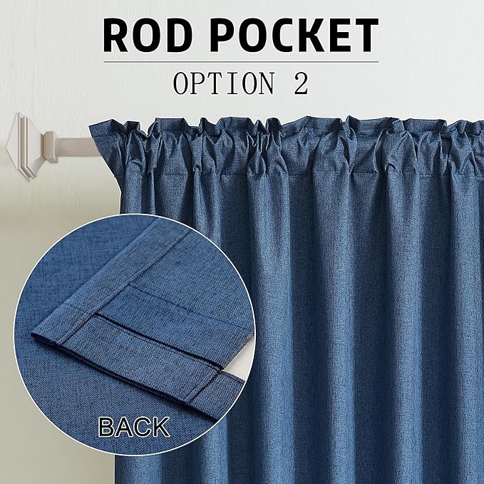 DUALIFE 120 Inch Extra Long Linen Blue Curtains Floor to Ceiling for Sliding Glass Doors 2 Panels, Flax Linen 100% Blackout Elegant Boho Thermal Curtains for Large Windows 10 FT Drapes,50 x 120 Inch