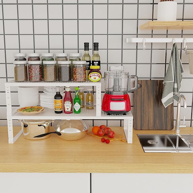 Expandable Adjustable Stackable Kitchen Organizer, Spice Rack,Metal Pantry Storage Shelves Racks,Counter Shelf for Cabinets, Countertop, Cupboard(1 Pack/Medium/White)