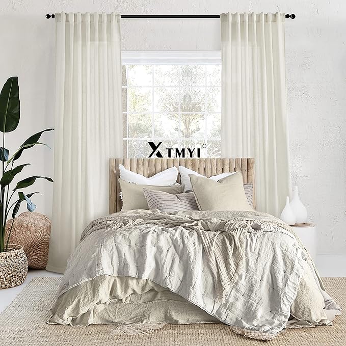 XTMYI 102 Inch Curtains 2 Panels Set Custom Length Back Tab Linen Window Sheer Privacy Thick Decorative Curtain Drapes for Living Room Bedroom,50x102 in Long,Cream(Ivory/Off White)