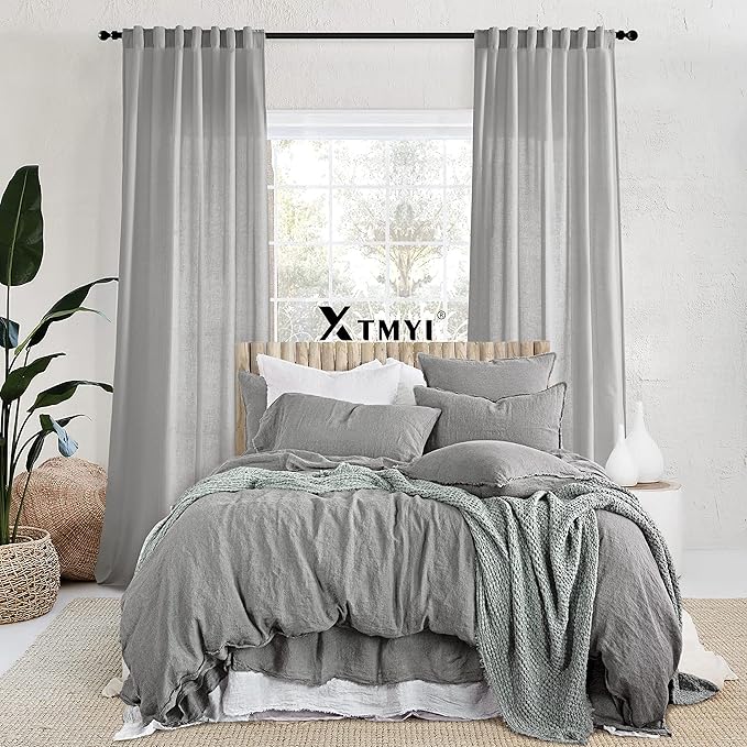 XTMYI Grey Curtains 108 Inches Long for Living Room 2 Panels Linen Back Tab Hooks Pleated Light Filtering Gray Sheer Curtains for Bedroom 108 Inch Length