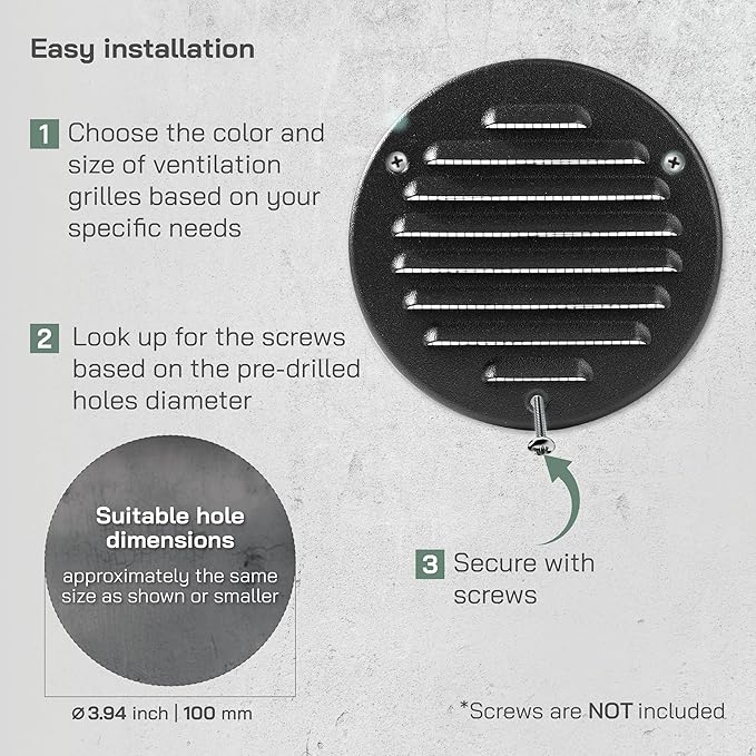 Vent Systems - 4 Inch (Inner) Pack of 5 Black Metal Round Soffit Air Vent Grille Cover, Register air Vent Deflector, Louver - Built-in Mesh - HVAC for Bathroom, Home Office, Kitchen 5 Inch (Outer)
