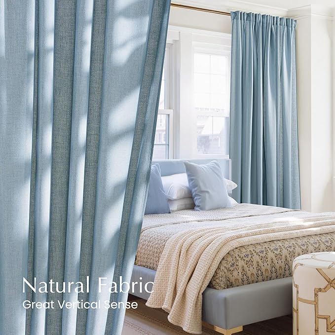 NICETOWN Linen Stone Blue Curtains 108 inches Long, Back Tab/Rod Pocket with Pleat Tape Privacy Added Light Filtering Window Treatments for Bedroom,Stone Blue, W52 x L108, 2 Panels