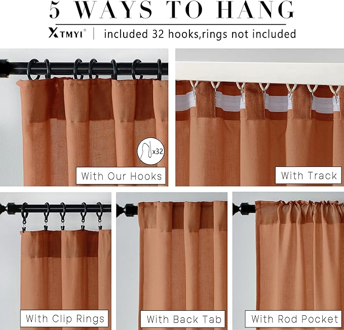 XTMYI Burnt Orange Curtains 2 Panels 84 Inches Long for Bedroom,Boho Back Tab Hooks Pleated Linen Sheer Pumpkin Color Fall Curtains for Living Room