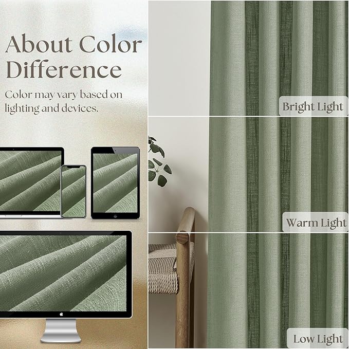 Green Linen Curtains 108 Inches Long 2 Panels Set for Living Room Farmhouse Boho Linen Textured Pinch Pleated Memory Shape Light Filtering Ceiling Semi Sheer Window Curtain Hook Rings Sage Green