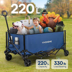 VIVOHOME Collapsible Wagon Carts, 330lbs 220L Utility Heavy Duty Foldable Wagons with Universal Wheels, Cup Holders & Side Pocket, Adjustable Handle, for Camping, Garden, Sports, Picnic, Shopping