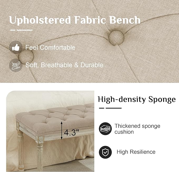 LOULENS 43.9" Linen Fabric End of Bed Bench, Vintage French Upholstered Button Tufted Entry Bench, Window Seat with Carved Wood Legs for Bedroom, Living Room, Entryway, Foyer, Hallway, Light Brown