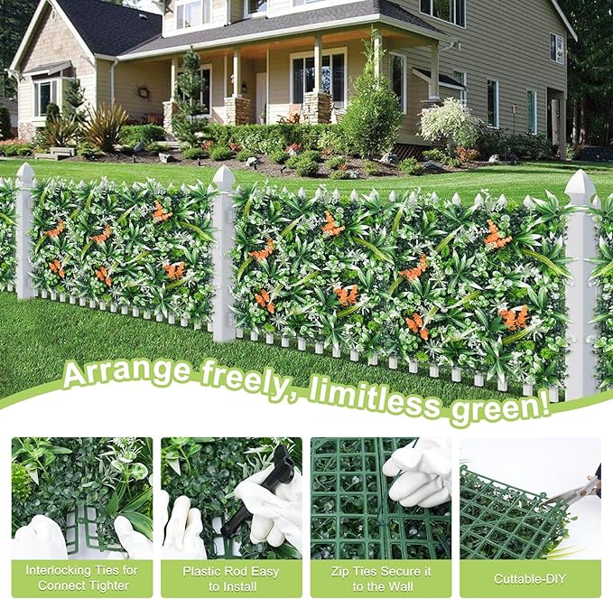 20"X20" Artificial Boxwood Panels, 16PCS Grass Wall Hedge Panels UV-Protected Greenery Privacy Hedge Screen, Grass Backdrop Wall for Indoor Outdoor Patio Balcony, Party Garden Fence Decor