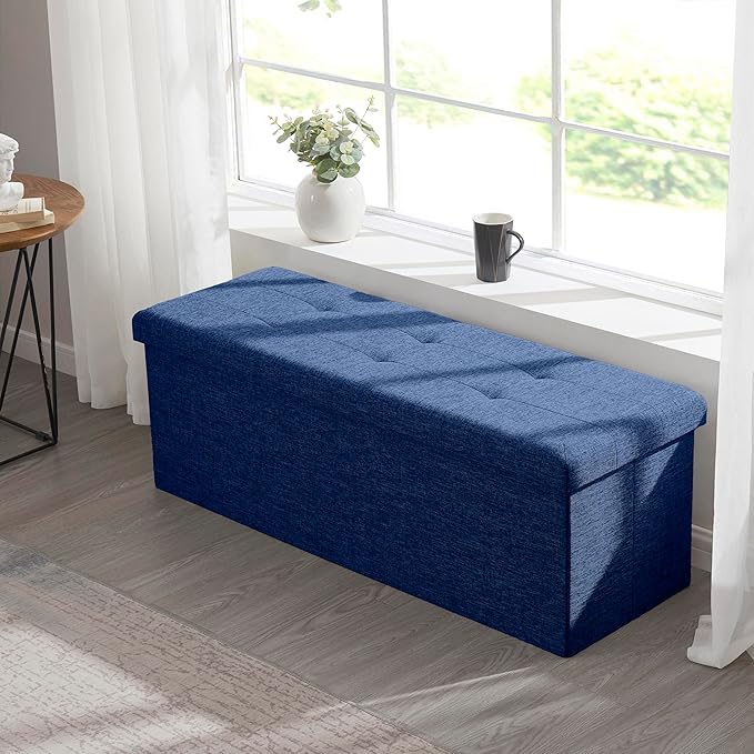 Ornavo Home 43 Inch Folding Storage Ottoman with Storage Bench, Long Large Storage Ottoman Bench, Storage Chest, Foot Rest Stool, Bedroom Bench with Storage - (Navy)