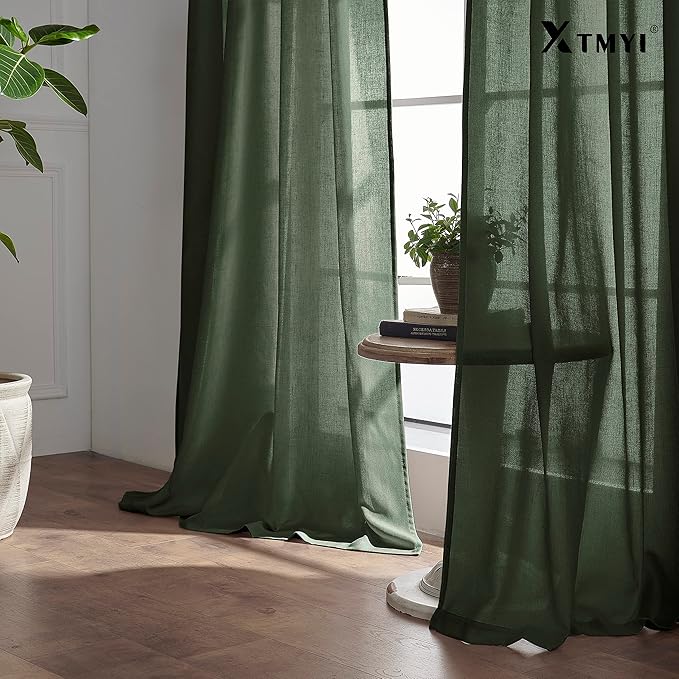 XTMYI Olive Green Linen Curtains 90 Inches Long for Living Room 2 Panels Set,Back Tab Hooks Long Cotton Blend Semi Sheer Window Curtain Drapes for Bedroom,Boho Neutral Aesthetic Decor,50x90 in Length