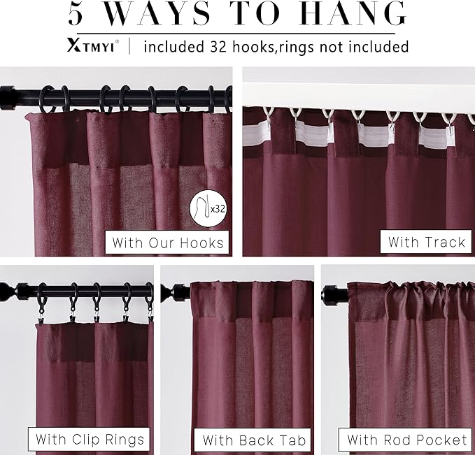 Maroon Wine Red Curtains 96 Inches Long for Living Room 2 Panels Set Linen Hooks Track Solid Regular Xmas Holiday Country Farmhouse Christmas Seasonal Themed Winter Curtains for Dining Room Bedroom