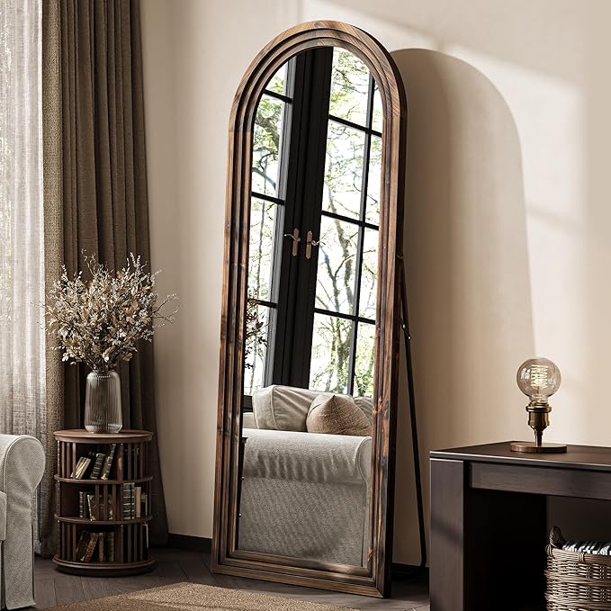 Arched Full Length Floor Mirror 63"x21", Triple-Layer Solid Wood Frame, Rustic Farmhouse Full Body Mirror with Stand for Bedroom, Entryway & Living Room, Walnut Finish