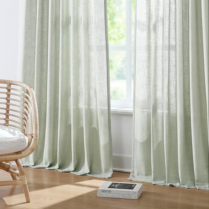 Vision Home Light Green Pinch Pleated Semi Sheer Curtains Textured Linen Blended Light Filtering Window Curtains 108 inch for Living Room Bedroom Patio Pinch Pleat Drapes with Hooks 9FT 60" Wx108 Lx1