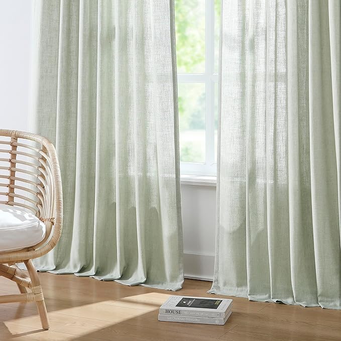 Vision Home Light Green Pinch Pleated Semi Sheer Curtains Textured Linen Blended Light Filtering Window Curtains 72 inch for Living Room Bedroom Pinch Pleat Drapes with Hooks 2 Panels 40" Wx72 L