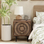 Farmhouse 2-Drawer Nightstand, Accent Wooden Nightstand with Circle Pattern and Radioactive Wood Lines, for Bedroom, Natural Wood Color