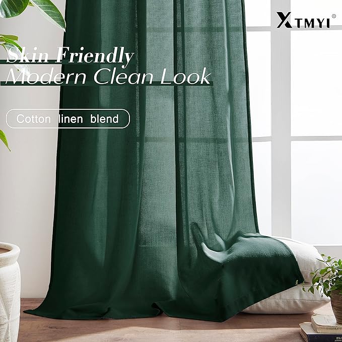 XTMYI Dark Green Curtains for Bathroom Set Decor,Linen Sheer Leaf Green Boho Curtains for Kitchen 63 Inch Length 2 Panels,Deep Pine