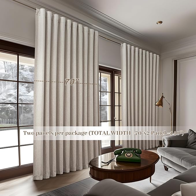 Extra Wide 70 Inch Blackout Curtains 96 Inches Long for Living Room, Rustic Boho Room Darkening Textured Linen Pleated Dining Room Office Insulated Ceiling Track Window Drapes 70"W x 96"L 2 Panels