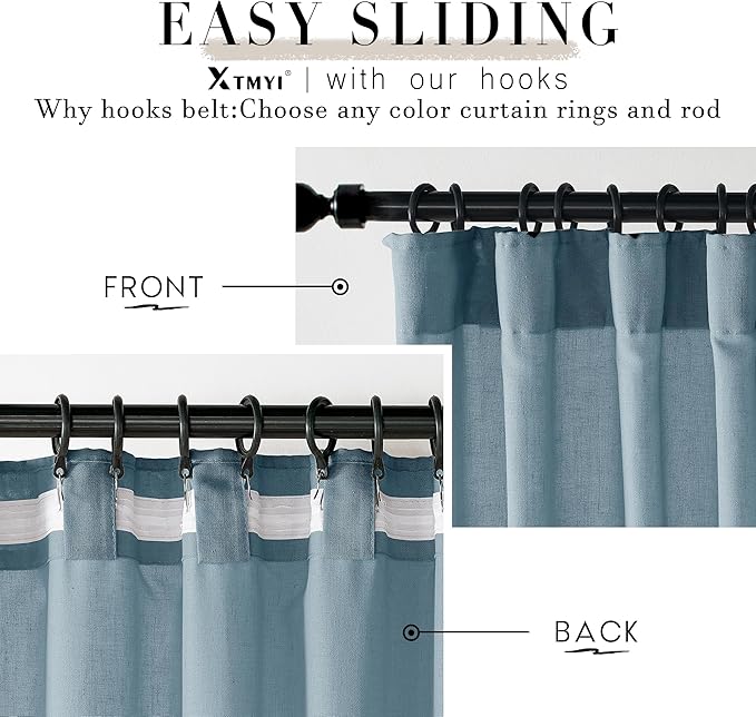 XTMYI Dusty Blue Curtains 84 Inches Long for Living Room,Light Filtering Country Vintage Hooks Pleated Back Tab Semi Sheer Linen Curtains for Bedroom 2 Panels Set,Grey Stone Blue