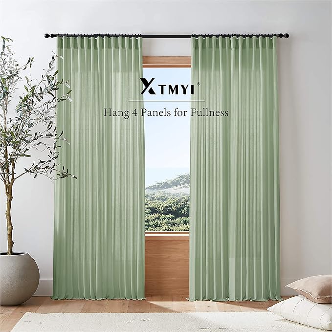 XTMYI Sage Green Sheer Curtains 63 Inch Length for Living Room,Boho Rod Pocket Light Filtering Linen Semi Transparent Bedroom Curtains Drapes 63 Inches Long 2 Panels Set for Bathroom Window Kitchen