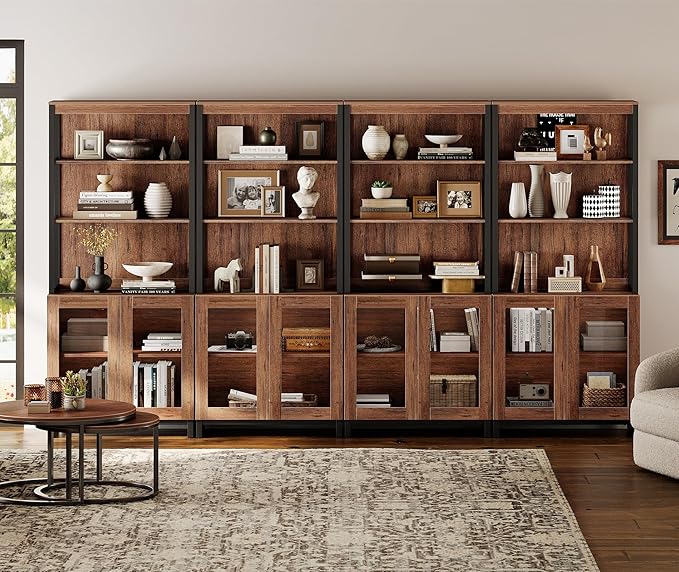 WAMPAT 4 PCS Modern 72" Tall Bookcases with Glass Doors and Adjustable Shelves, Library Book Shelf with Storage Cabinet and Open Book Shelfs, Wood Bookshelves for Home Office, Living Room, Brown
