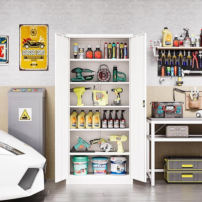 Metal Storage Cabinet with Lock,Lockable Garage Cabinet with 2 Doors and 5 Adjustable Shelves,Tall Steel Cabinets for Garage,Workshop,Gym,School