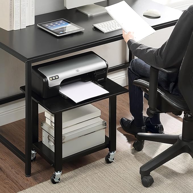 SunnyPoint 2-Tier Under Desk Printer Stand with Storage Shelf and Steel Frame, Industrial Mobile Printer Cart Holder with Lockable Improved Industrial Wheels for Home and Office (BLK)