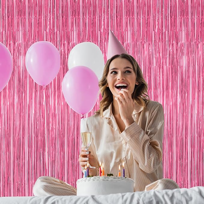 12 Pack Pink Backdrop, 3.28 FT x 7.05 FT Foil Fringe Curtains, Metallic Pink Tinsel Curtain Party Streamer Birthday Backdrop for Girl, Valentines Day Decorations Bachelorette Party Supplies