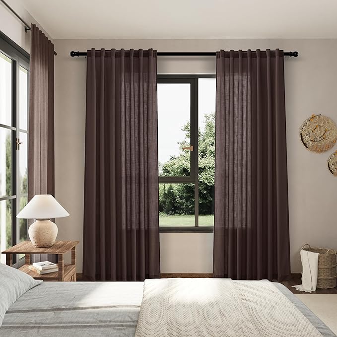 Nanspring Coffee Linen Textured 80 Inch Curtains 2 Panels Set Back Tab Rod Pocket Sheer Light Filtering Boho Room Decor Aesthetic Curtains Burlap Look Curtain Drapes for Living Room Bedroom 52x80
