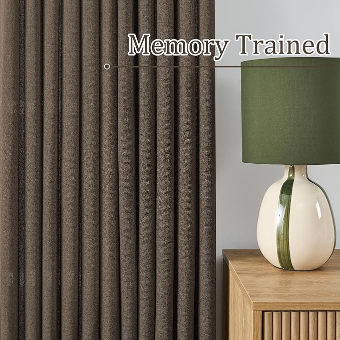 Brown Pleated Linen Curtains 86 Inches Long Farmhouse Semi Sheer Memory Trained Shape Pinch Pleat Drapes with Hooks Back Tab Ripple Fold Curtain for Bedroom Living Room 50x86