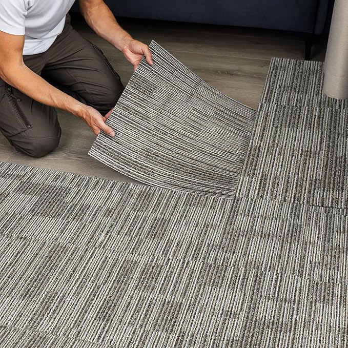 uyoyous 24 Pcs Commercial Carpet Tiles, 20'' x 20'' Twill Jacquard Carpet Squares with Non-Slip Backing, 64.58 Sq Ft Reusable Carpet Floor Tiles with Stickers for Home Office
