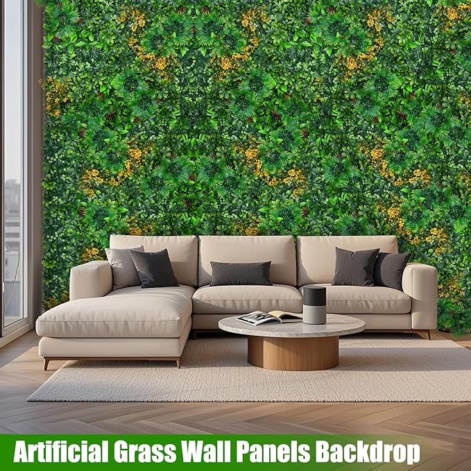 Grass Wall Panels, 20"x20" 12pcs Artificial Grass Backdrop Wall with Tropical Leaves, UV-Anti Faux Greenery Plant Boxwood Panels for Privacy Fence Screen, Green Wall Decor for Outdoor Indoor
