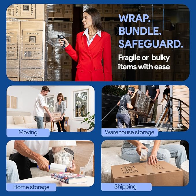 International Plastics Co. 5" Plastic Stretch Film/Wrap 1200ft 500% Stretch Clear Cling Durable Adhering Packing Moving Packaging Heavy Duty Shrink (36 Pack, 5" Spinning Handles)