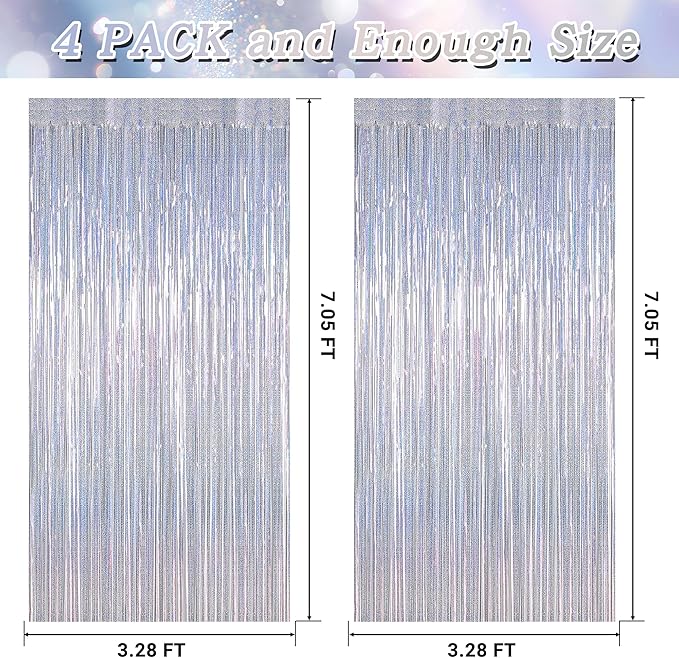4 Pack NYE Silver Tinsel Foil Curtain, 3.28 FT x 7.05 FT Glitter Silver Tinsel Curtains, Metallic Foil Streamer Disco Fringe Backdrop Party Curtains, Birthday New Year Party Supplies Disco Decor