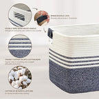 72L Large Laundry Basket with Leather Handles for Living Room Storage, Woven Rope Baskets Bin for Blanket, Kids Toy, Gifts, Wicker Hamper for Bedroom Dirty Clothes, 22"x17"x12" Denim Blue