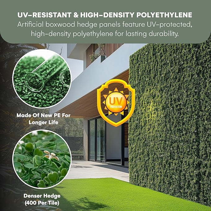 flybold Artificial Boxwood Hedge Panels - Grass Wall Backdrop Decor Indoor and Outdoors - Greenery Wall, Faux,Fake Grass Wall - Decorative Hedge, Garden Fence Panels - 20x20 inch - Pack of 6