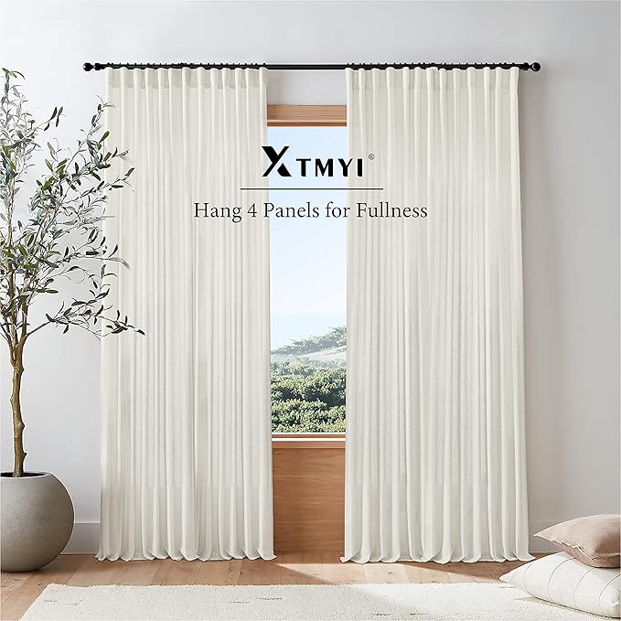 Extra Wide Curtains 70 In Width for 60 & 72 Inch Window,Pleated Back Tab Linen Semi Sheer Full Length Curtains for Living Room Sliding Glass Door 2 Panel Set,72x84,70x84,6FT x 84 Inches Long,Cream