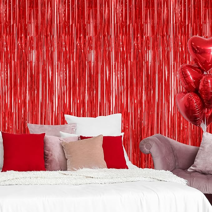 2 Pack Red Tinsel Backdrop, 3.28 FT x 7.05 FT Fringe Curtains, Red Foil Tinsel Party Streamer Backdrop Curtains for Valentines Day, Wedding Photo Backdrop Party Decorations for Wedding Anniversaries