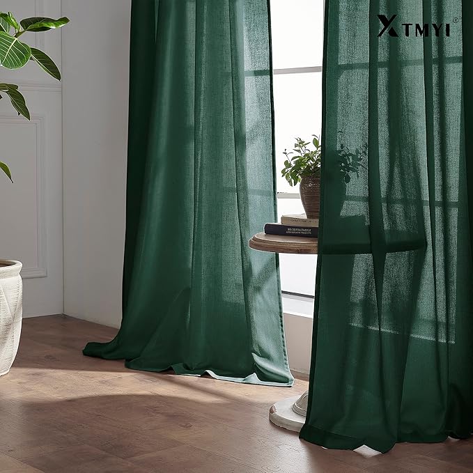 XTMYI Forest Green Curtains 96 Inches Long for Living Room,Light Filtering Back Tab Hooks Pleated Semi Sheer Dark Academia Curtains for Room Decor Bedroom 96 Length 2 Panels