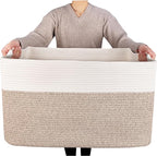 MINTWOOD Design 22in Extra Large Blanket Basket Holder Living Room, Rectangle Rope Woven Storage Basket with Handles for Laundry, Pool Towels, and Shoes, Dog Toy Organizer Bin Box, Light Brown