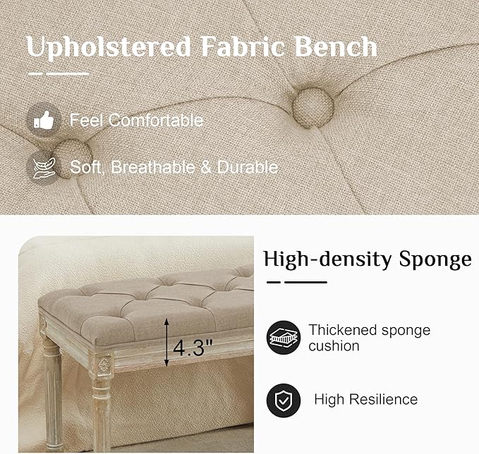 LOULENS 57.7" Linen Fabric End of Bed Bench, French Upholstered Button Tufted Bench for Bedroom End of Bed, Window Seat with Carved Wood Legs for Bedroom, Living Room, Entryway, Light Brown