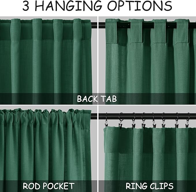Dark Green Linen Curtains 72 Inch Length for Living Room Sheer Lightweight Door Drapes 2 Panels Set for Kids Bedroom Light Filtering Back Tab Rod Pocket Curtain for Kitchen Protect Privacy 52x72